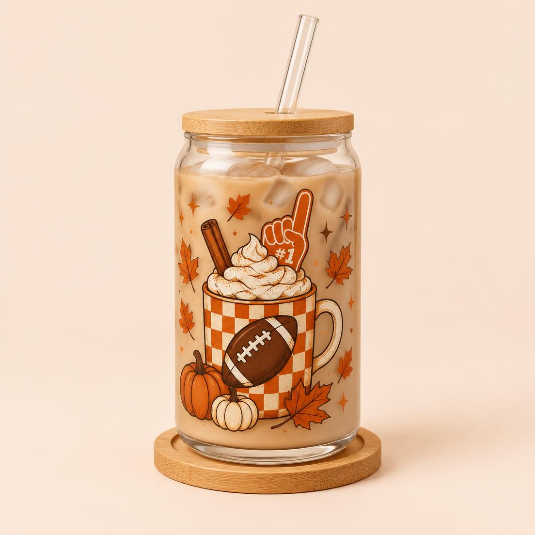 Football Flavor glass can cup with bamboo lid — hand-pressed fall designs from Little Press Corner